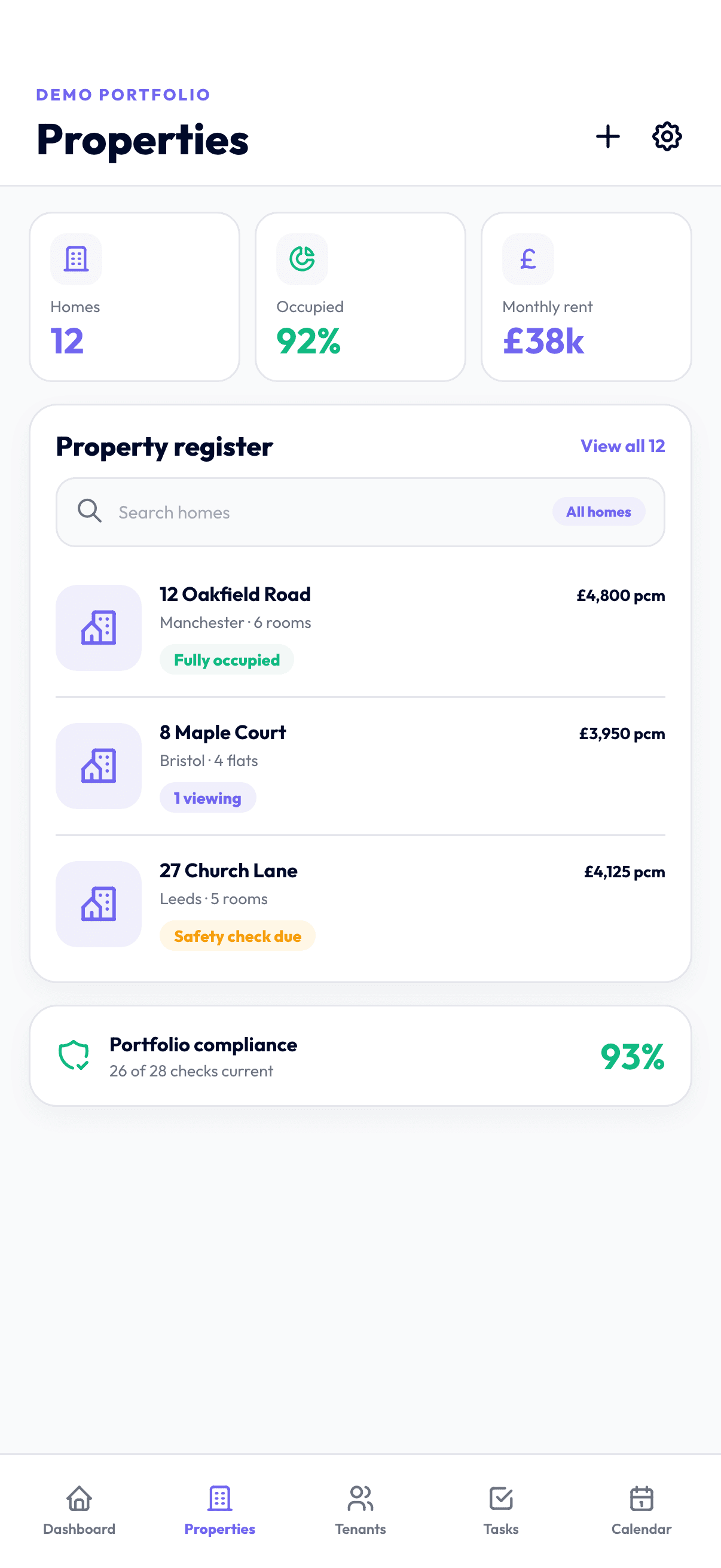 Rendered Social Home demo portfolio properties screen