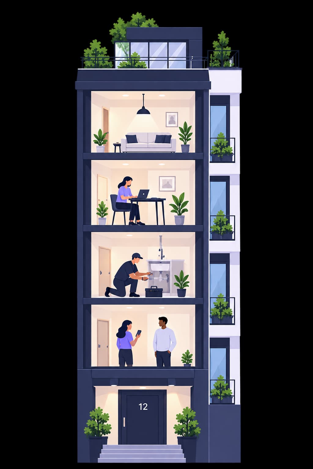 Illustrated cutaway block showing accounting, repairs, communication, and safe homes