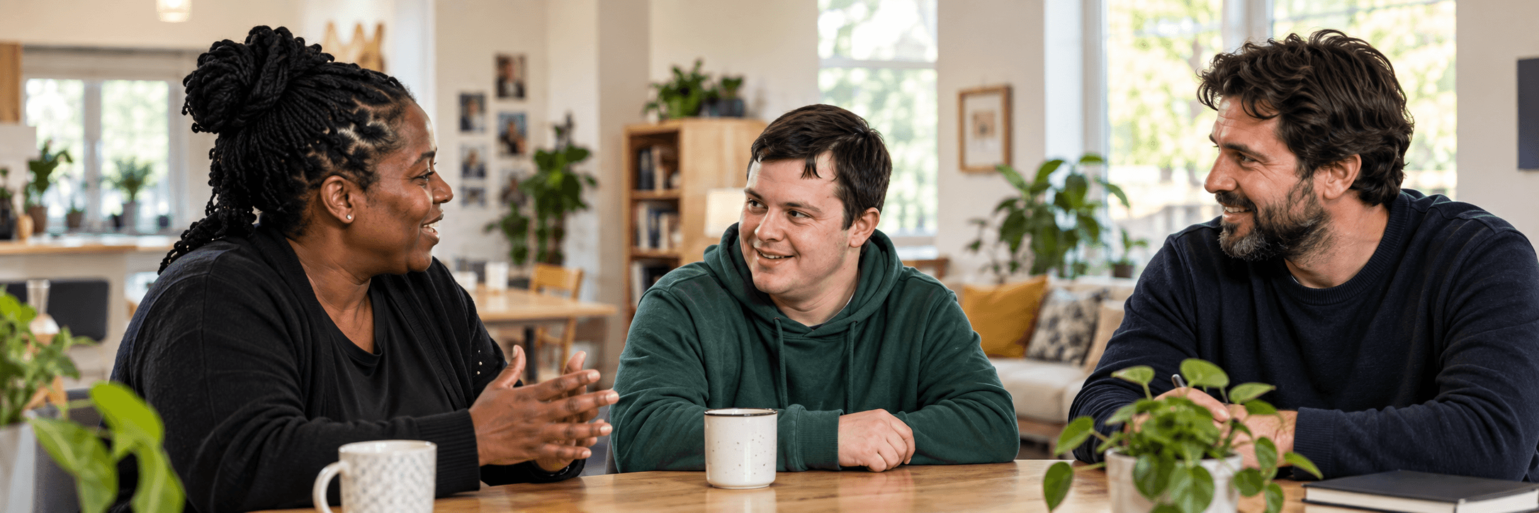 A resident, support professional and housing professional planning together