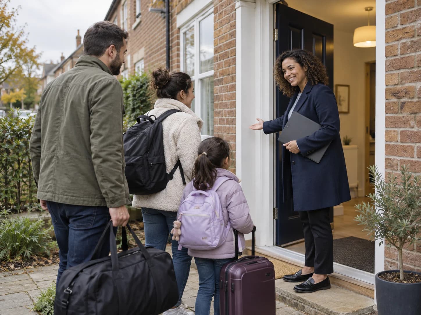 A family being welcomed to a temporary accommodation home by a housing officer