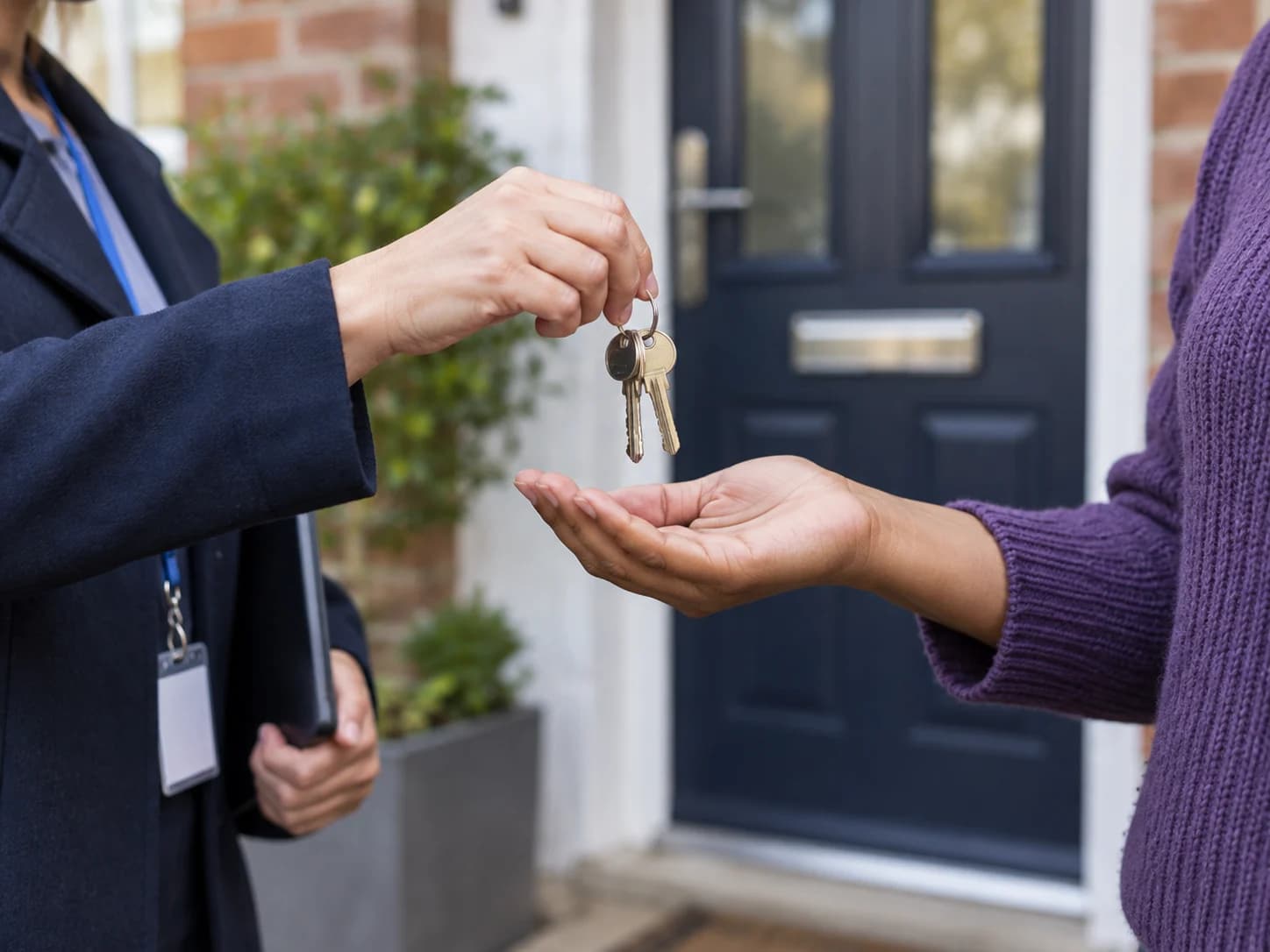 A housing officer handing over the keys to a temporary accommodation home