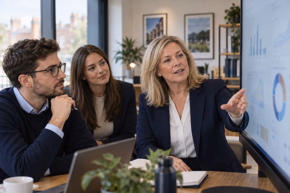Student housing director reviewing operational performance with colleagues