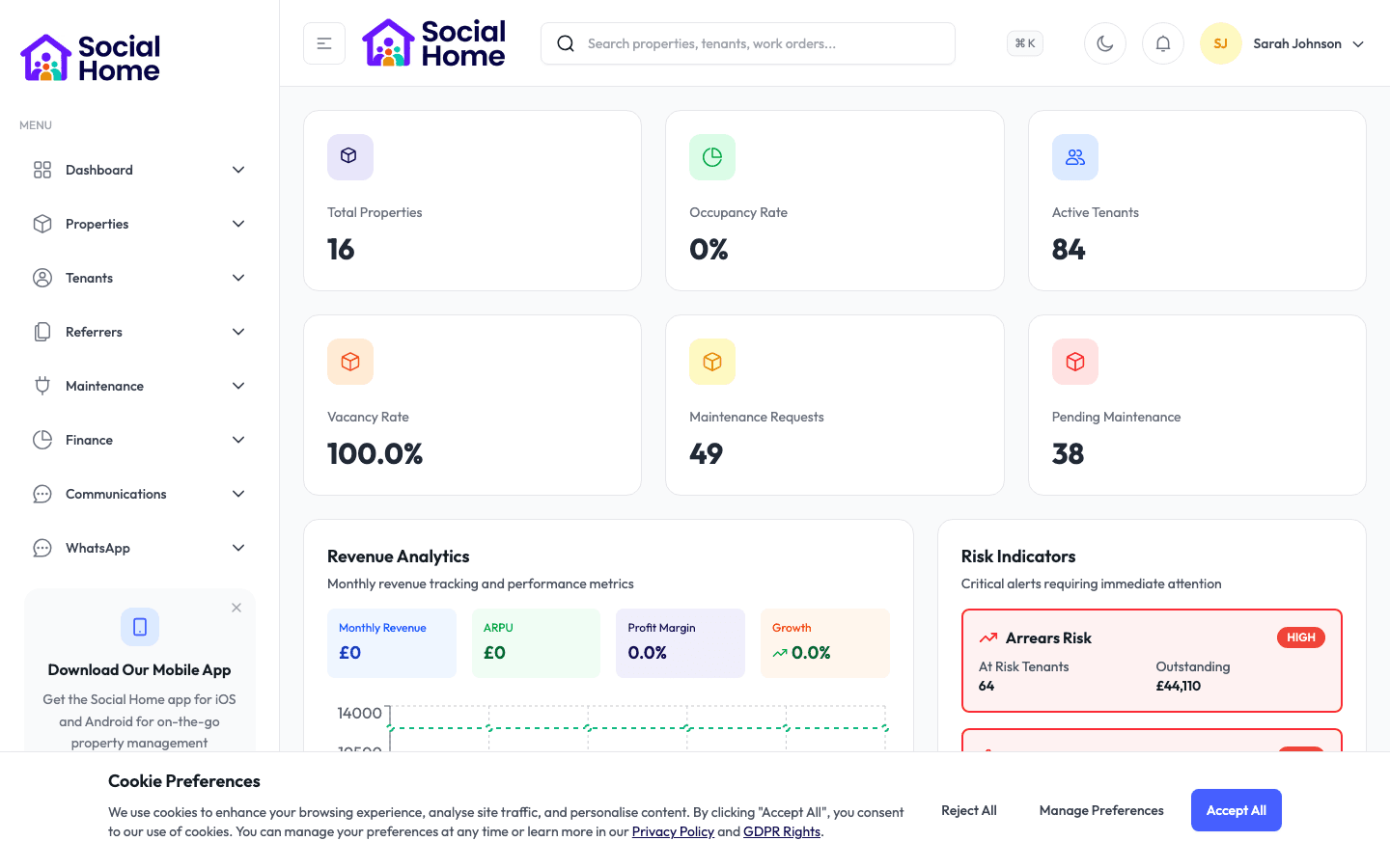 Admin dashboard overview with KPIs and alerts