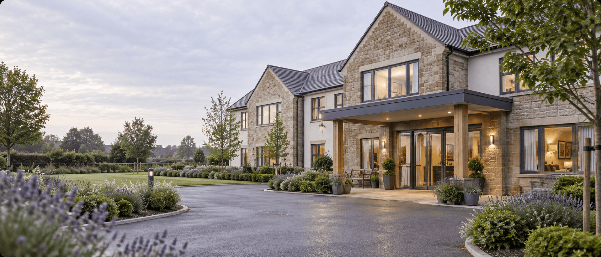 Synthetic editorial view of a contemporary care home exterior