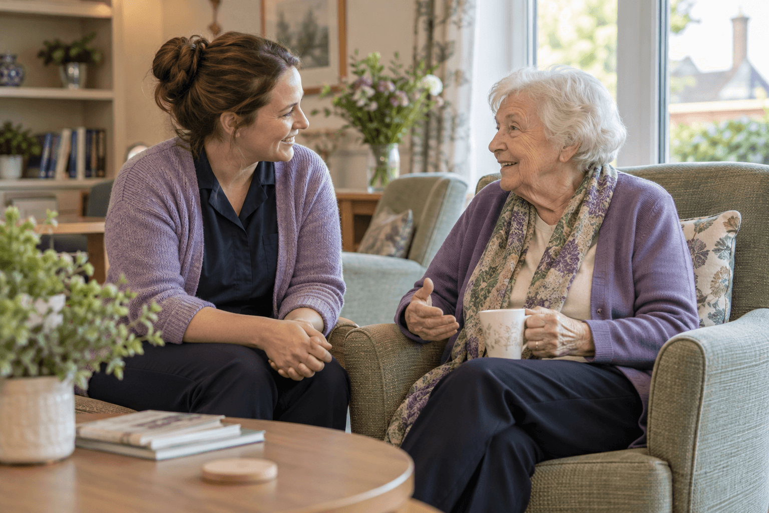 Synthetic editorial image of a care professional and older adult in conversation