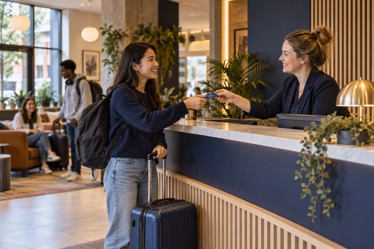 Student receiving a key card at accommodation check-in