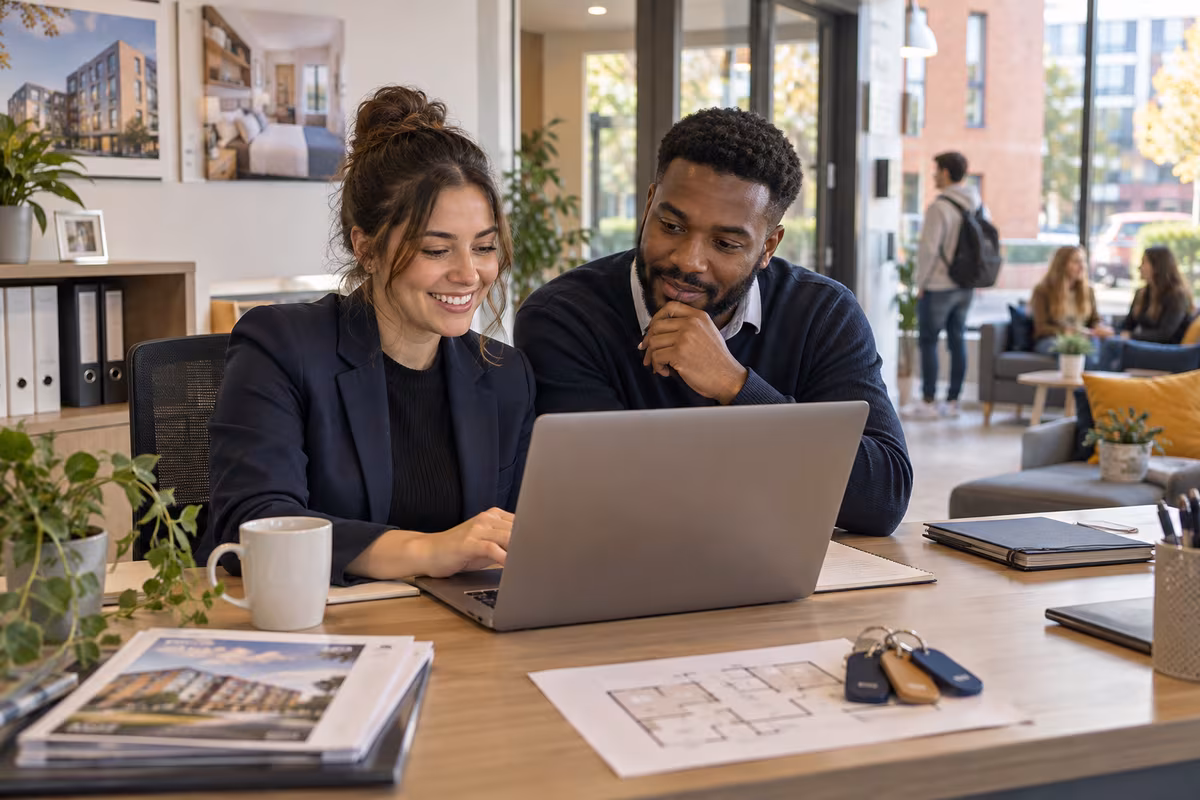 Student accommodation lettings colleagues reviewing a new booking