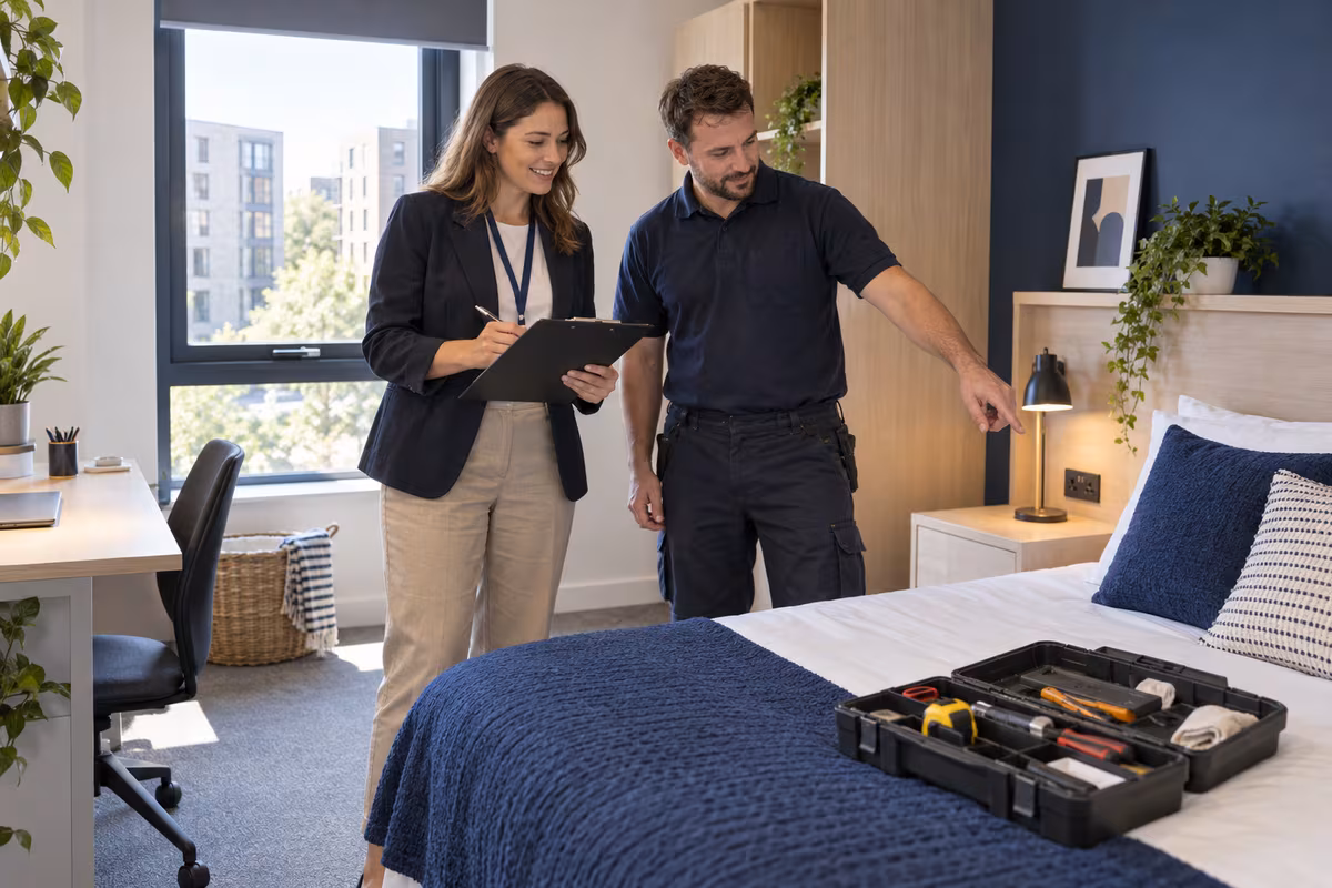 Accommodation manager and contractor inspecting a room before the next intake