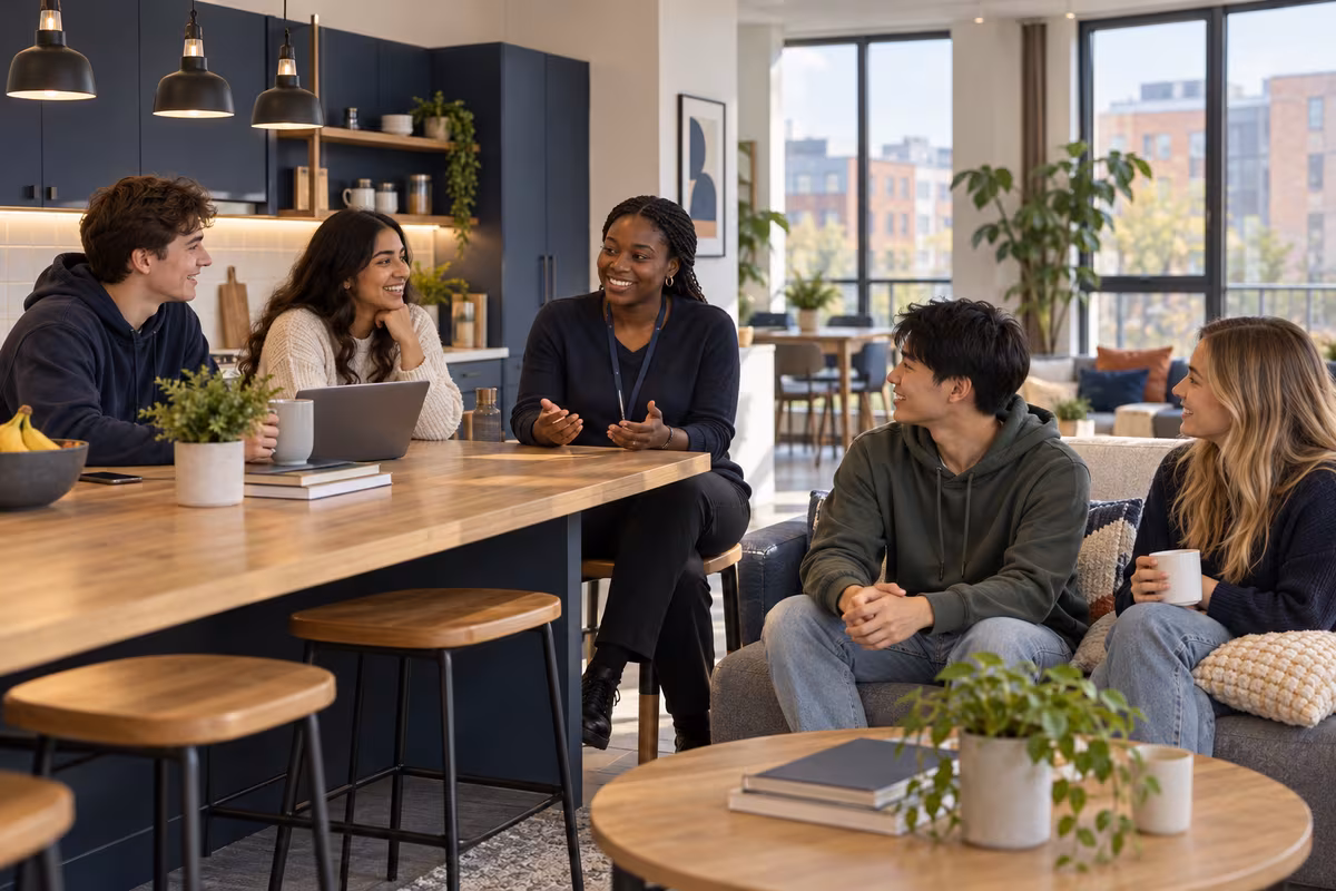 Students and an accommodation officer sharing a conversation in a communal space
