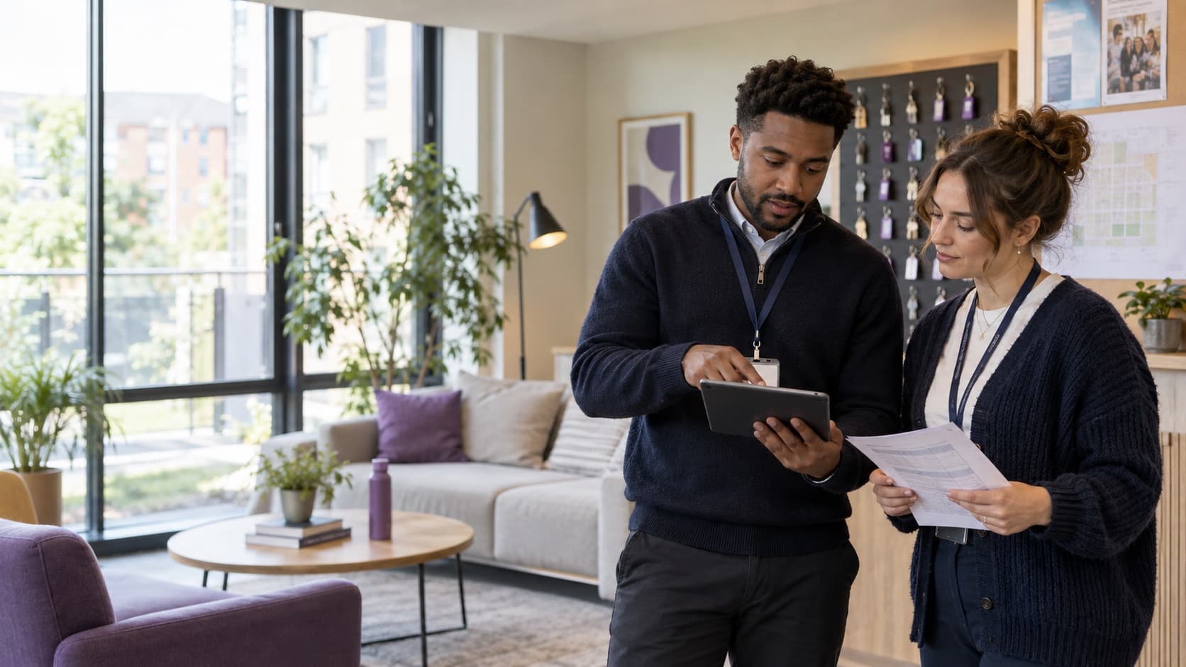 Two student accommodation colleagues reviewing the academic-year plan on a tablet