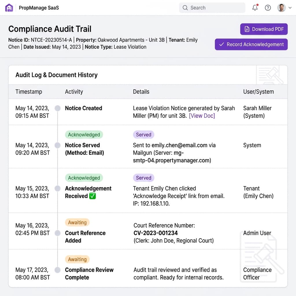 Compliance dashboard with acknowledgement tracking and legal audit trail