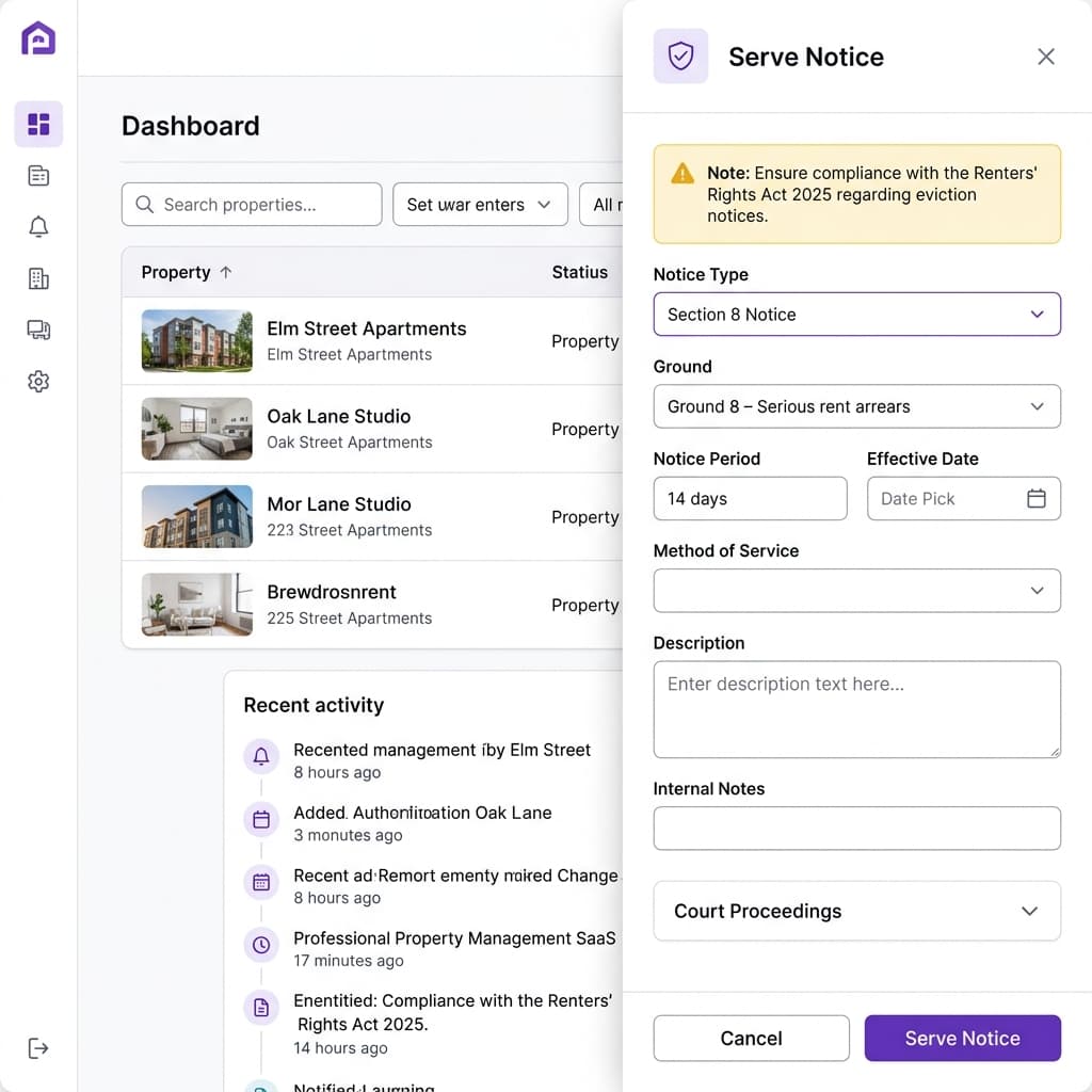 Serve Notice modal with Section 8 grounds, notice periods, and court proceedings tracking