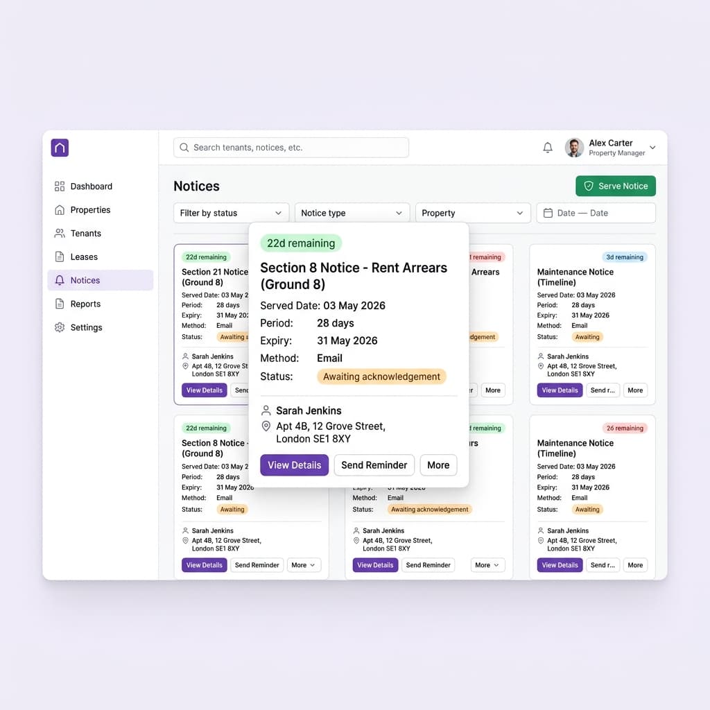 Tenant notices tab with statutory notice cards, expiry countdowns, and RRA 2025 compliance