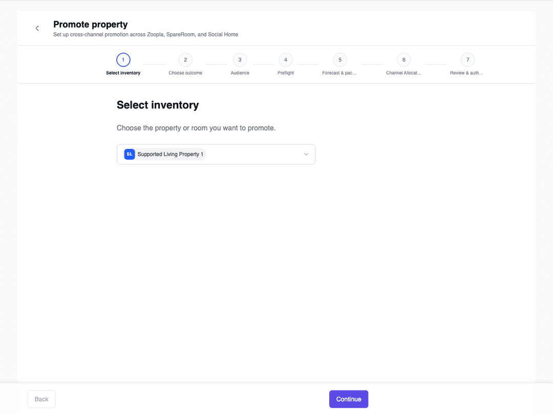 Promotion setup wizard at the inventory selection step