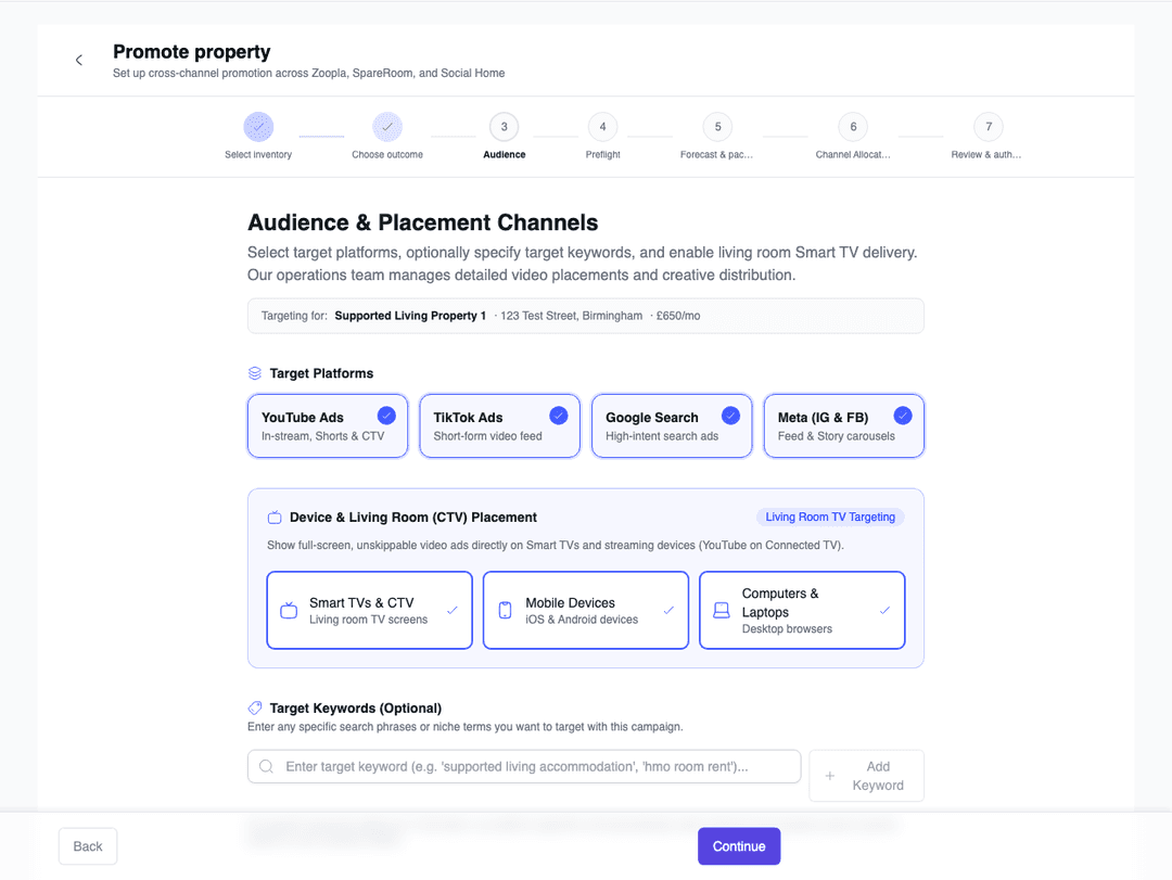 Promotion audience step with YouTube, TikTok, Google, Meta, and Connected TV placement controls